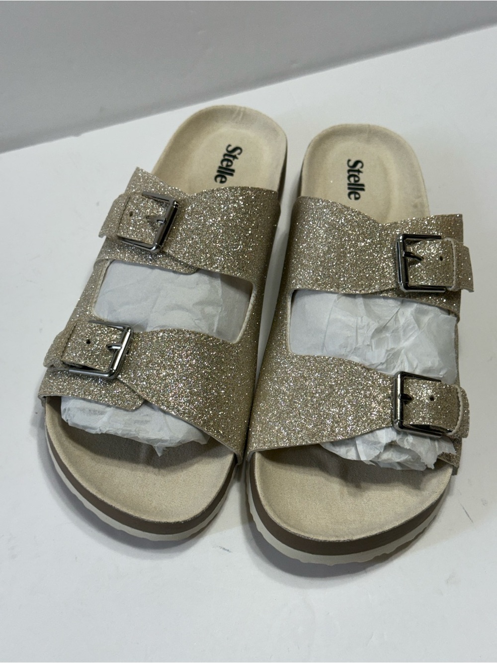 Stelle Girls Sz 5 Glitter Double-Buckle Sandals in Gold